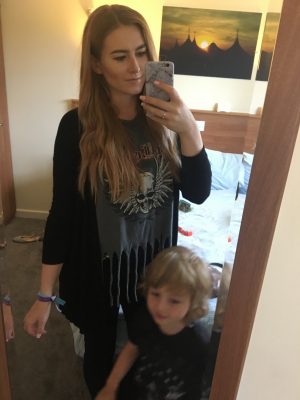 mirror selfie of me wearing grey coloured top with skull on and black cardigan with my son standing in front of me