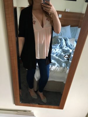 mirror selfie of me wearing a peach coloured top, blue jeans and black cardigan